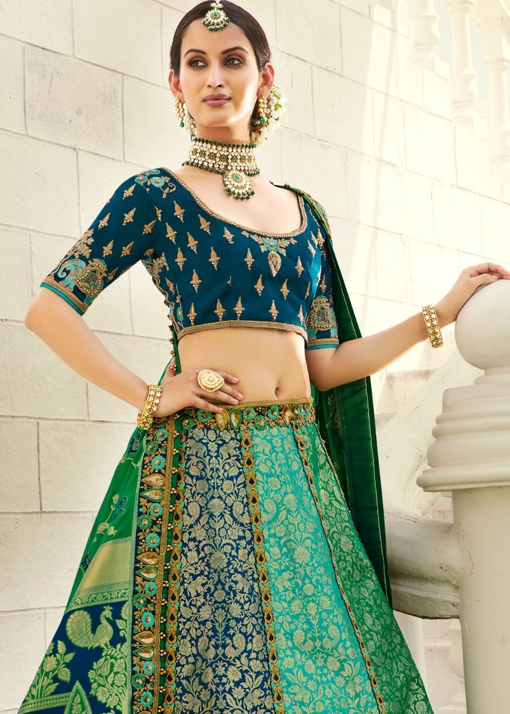 Buy MySilkLove Green Pea Heavy Embroidered Designer Banarasi Lehenga Online