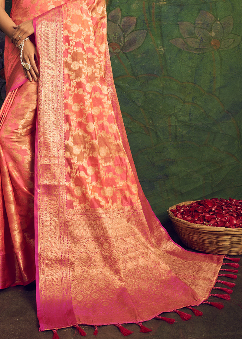 Salmon Peach Woven Banarasi Rangkath Silk Saree