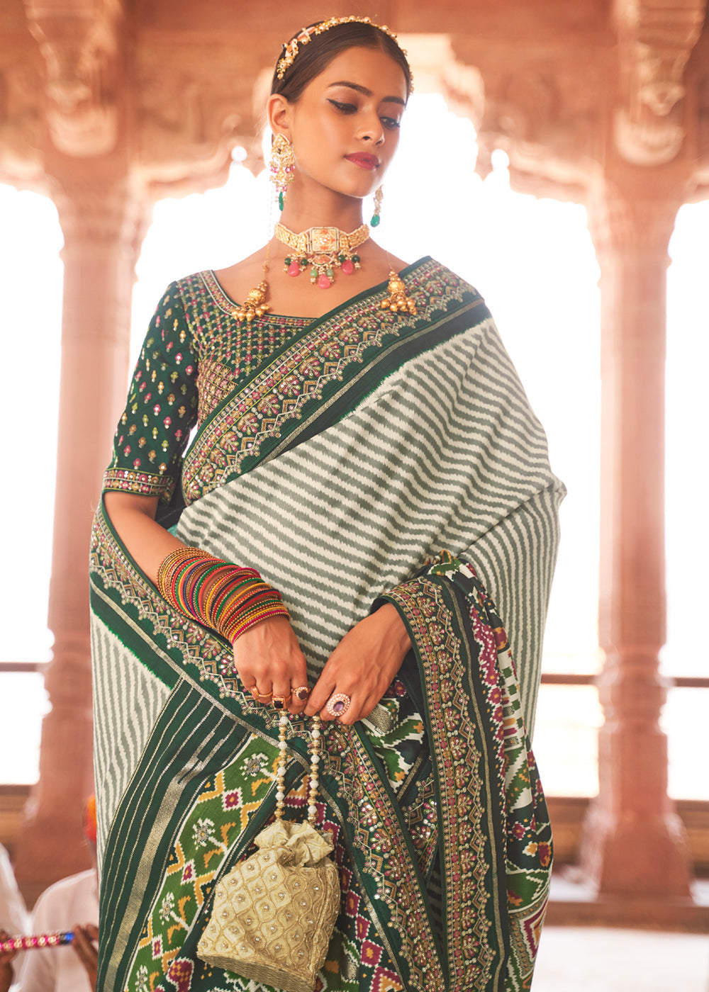Buy MySilkLove Bison Hide Green and White Woven Patola Saree Online
