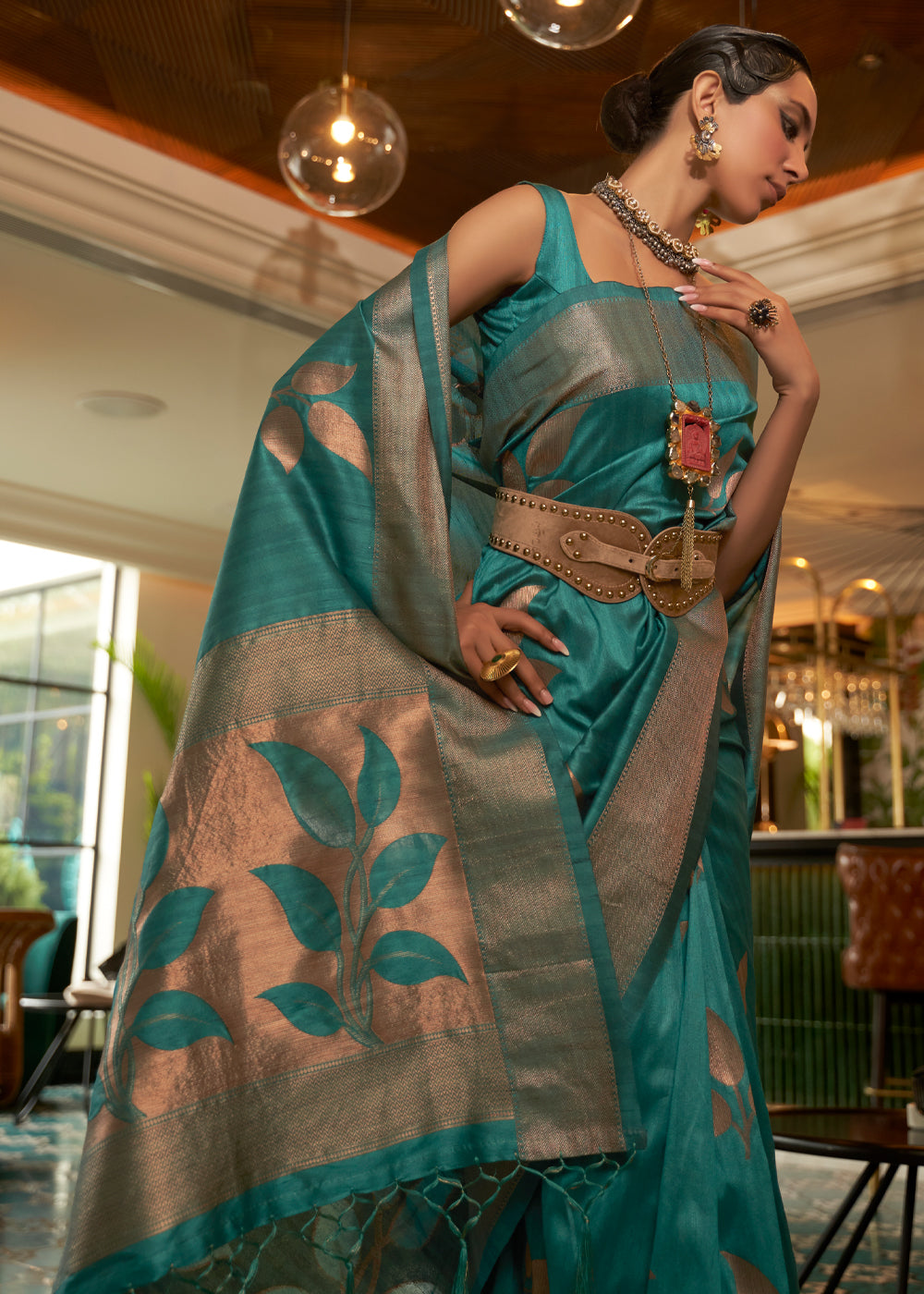 Buy MySilkLove Casal Green Zari Woven Banarasi Tussar Silk Saree Online