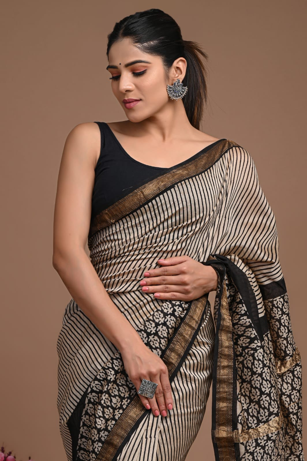 MySilkLove Cork Black and white Handblock Kota Doriya Saree