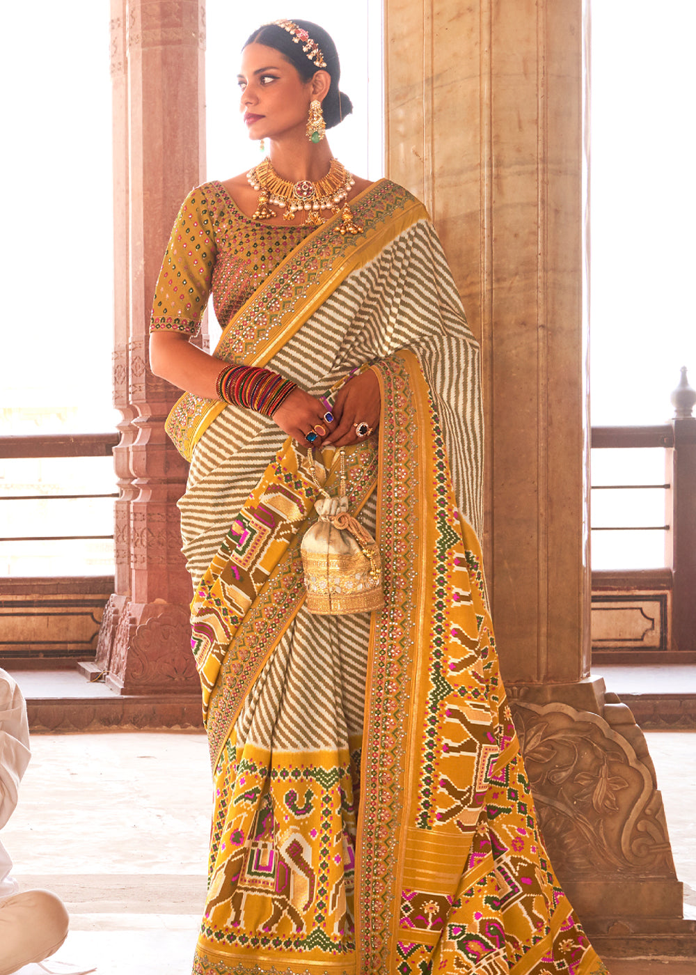 Buy MySilkLove Spicy Mix Yellow and White  Woven Patola Saree Online