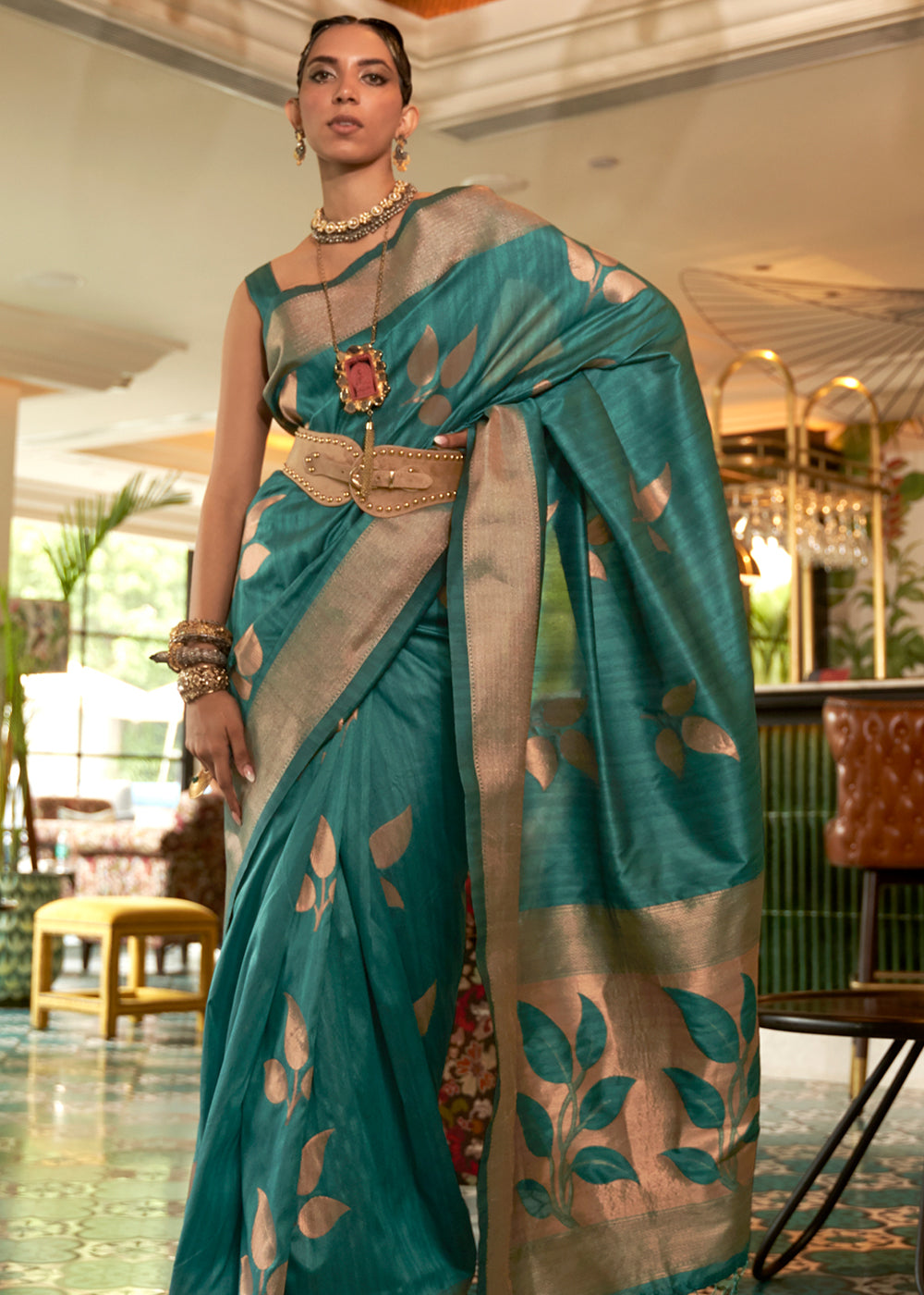 Buy MySilkLove Casal Green Zari Woven Banarasi Tussar Silk Saree Online