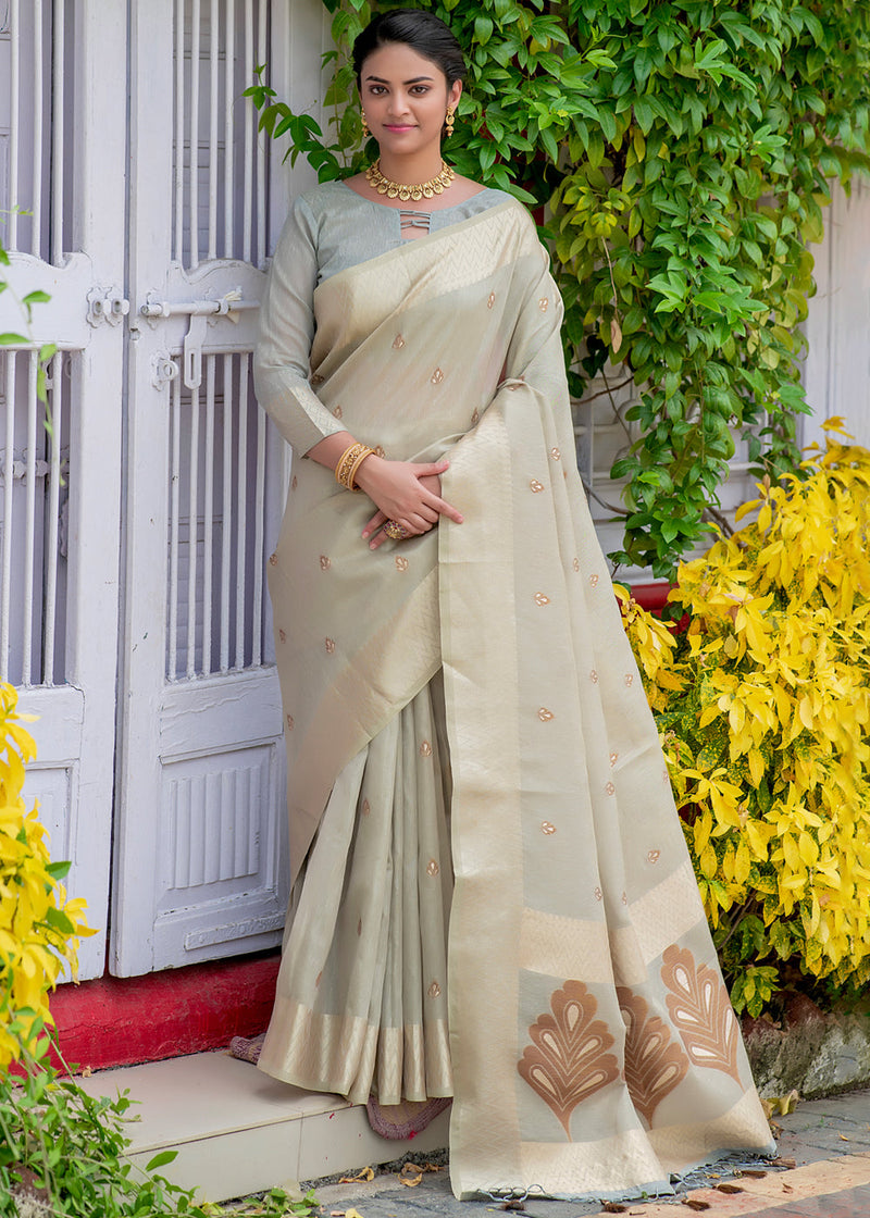 Soft Amber Grey Woven Banarasi Linen Silk Saree