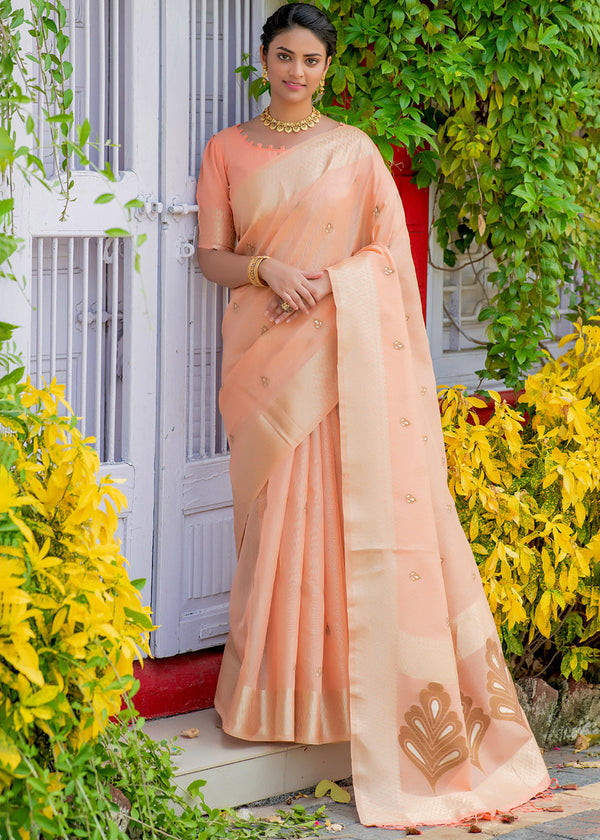 Romantic Peach Woven Banarasi Linen Silk Saree