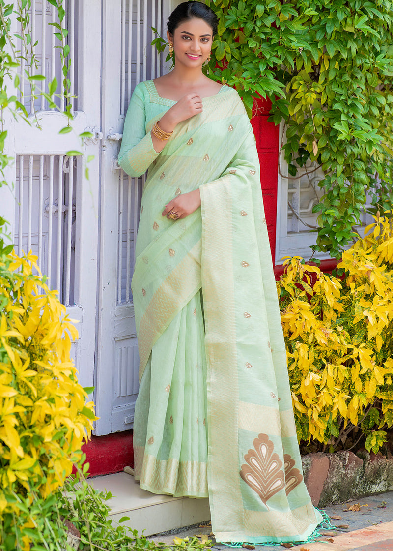 Spring Rain Green Woven Banarasi Linen Silk Saree