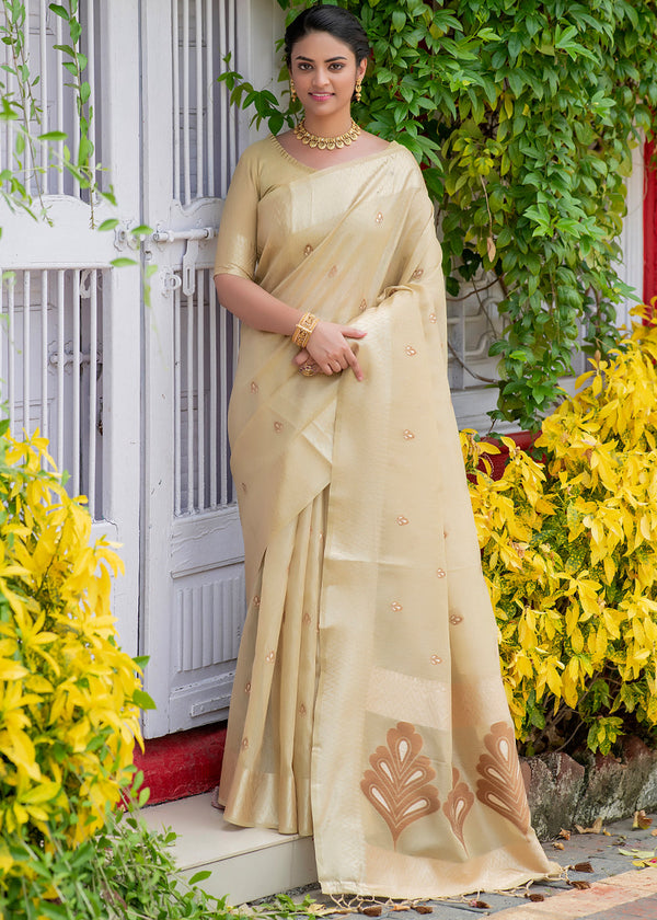 Akaroa Cream Woven Banarasi Linen Silk Saree
