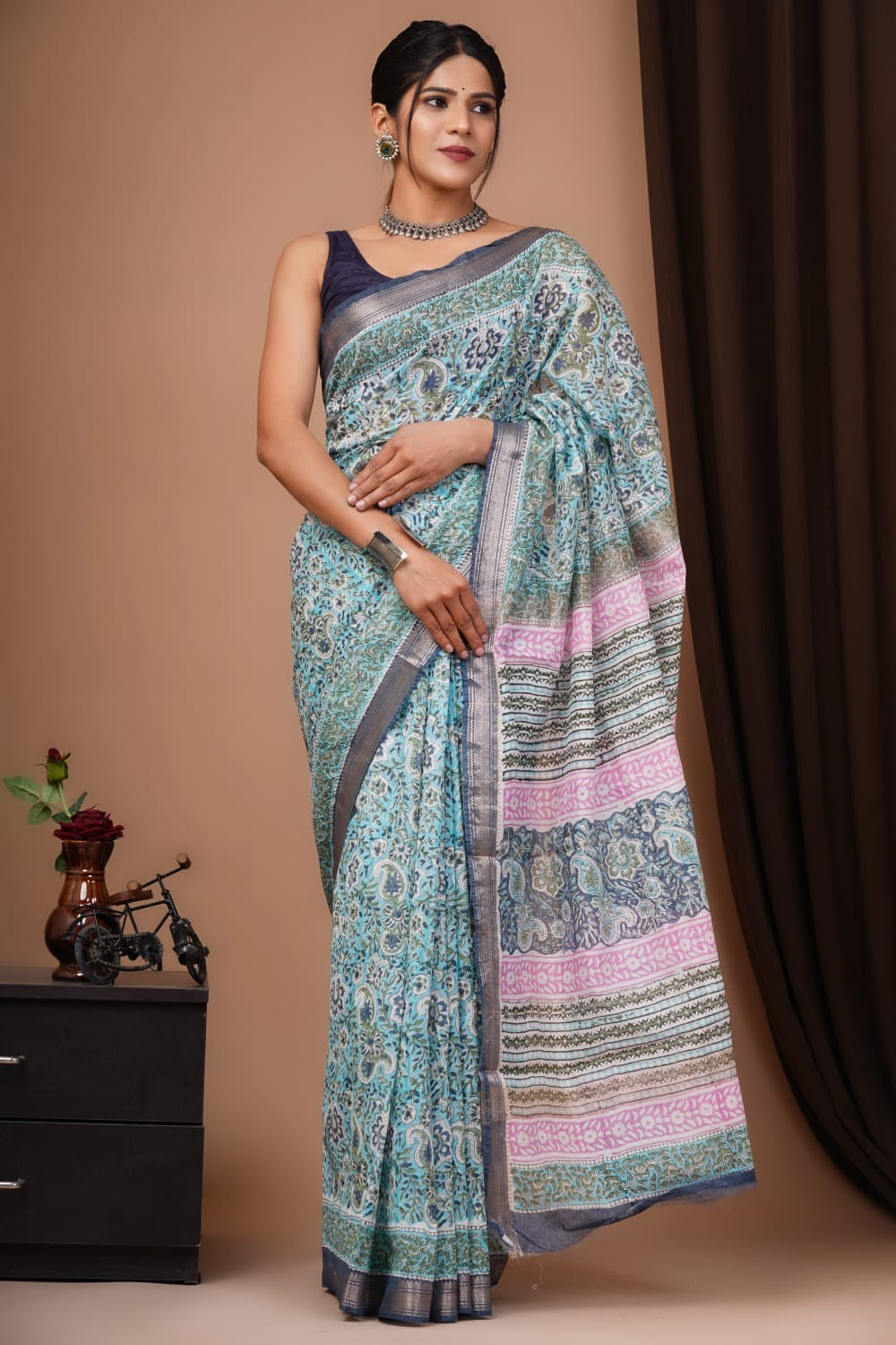 Buy MySilkLove Granny Smith Blue Handblock Kota Doriya Saree Online