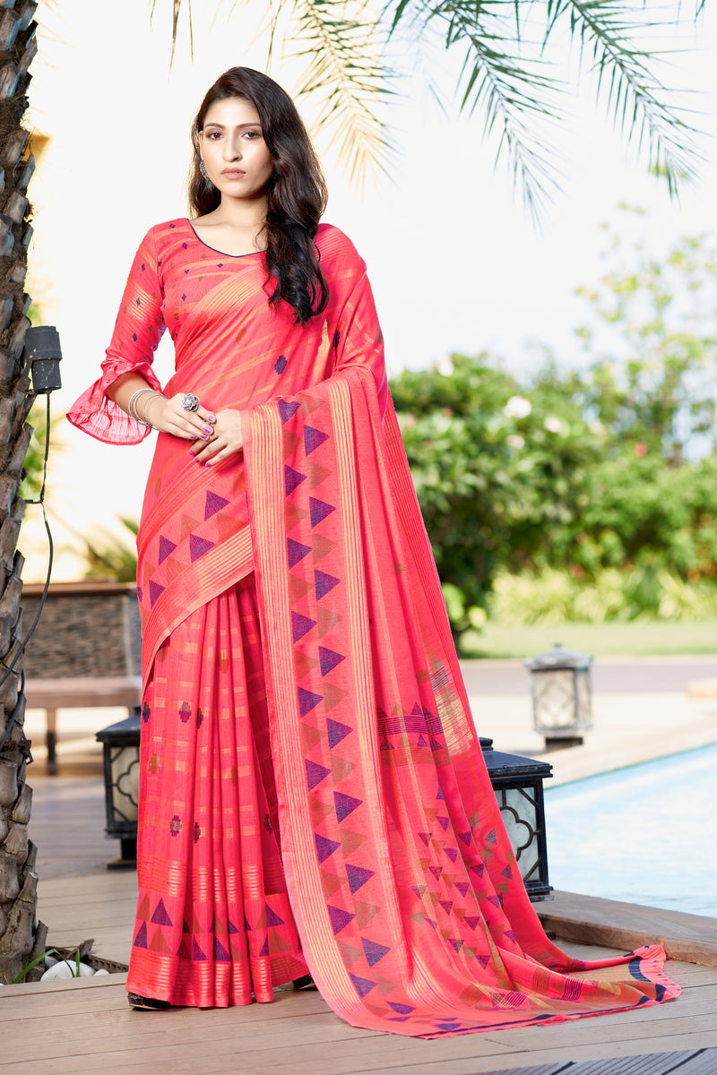 Tulip Pink Printed Linen Saree