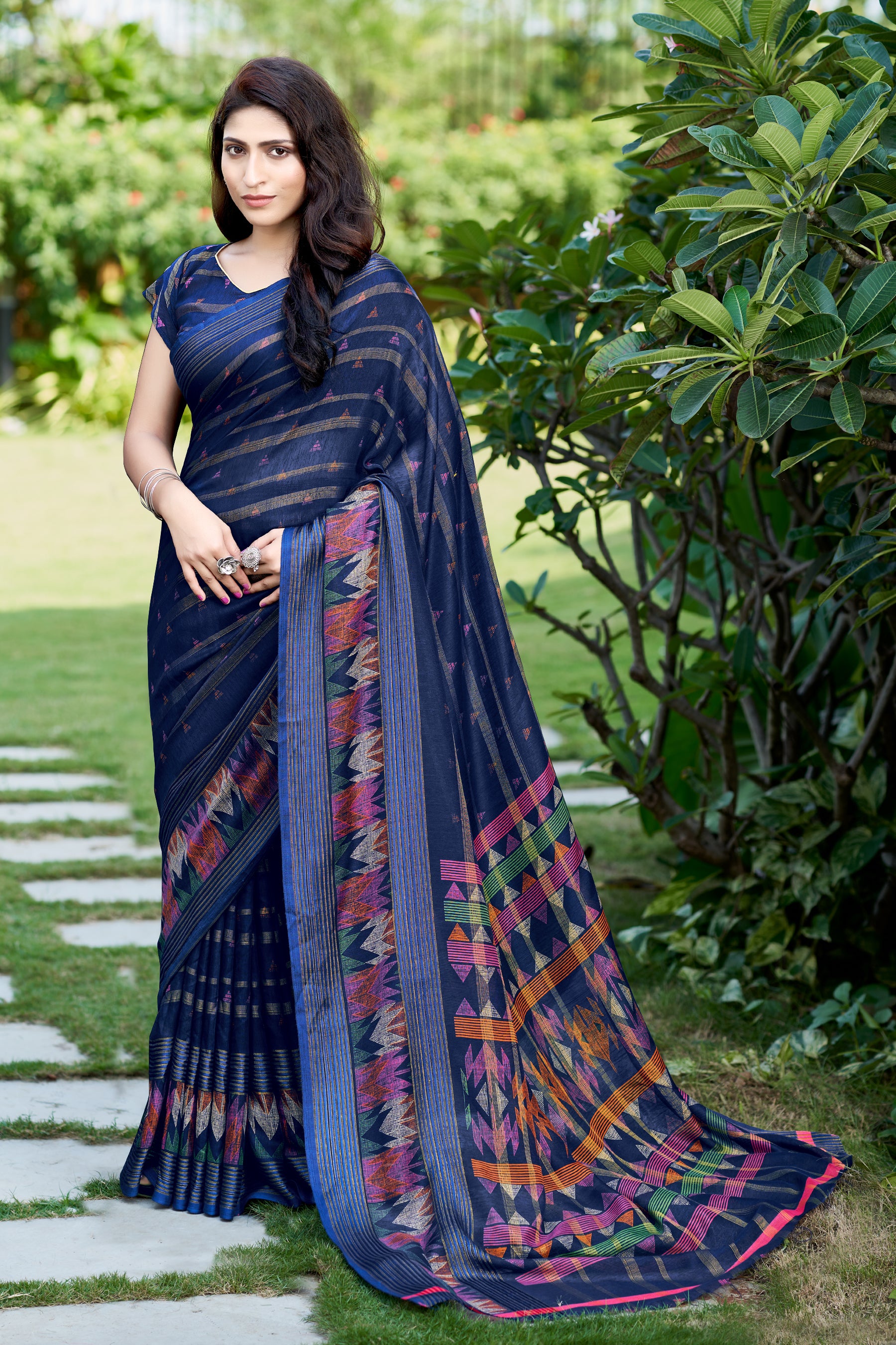 Buy MySilkLove Martinique Blue Printed Linen Saree Online