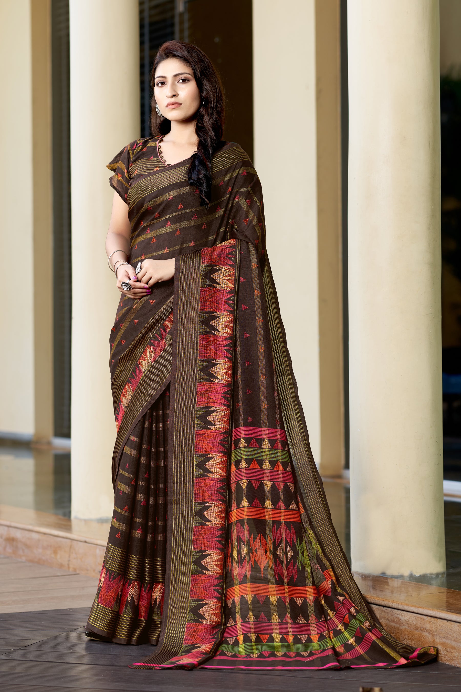 Buy MySilkLove Rock Brown Printed Linen Saree Online