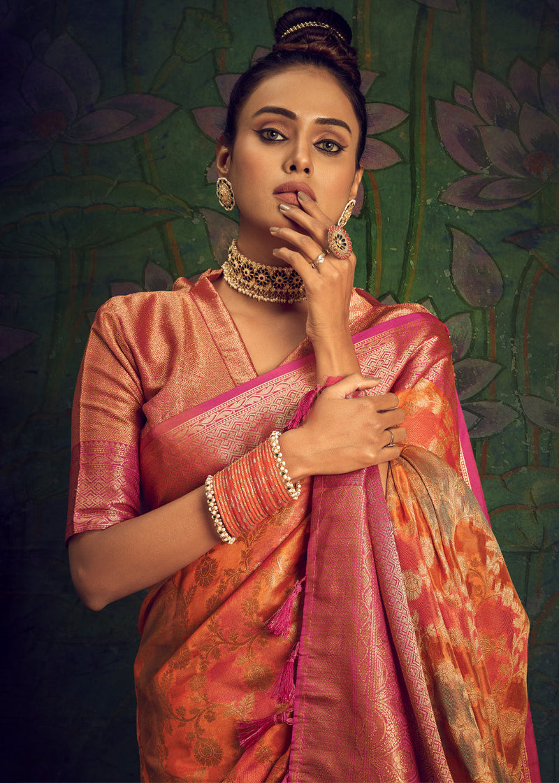 Texas Rose Orange Woven Banarasi Rangkath Silk Saree