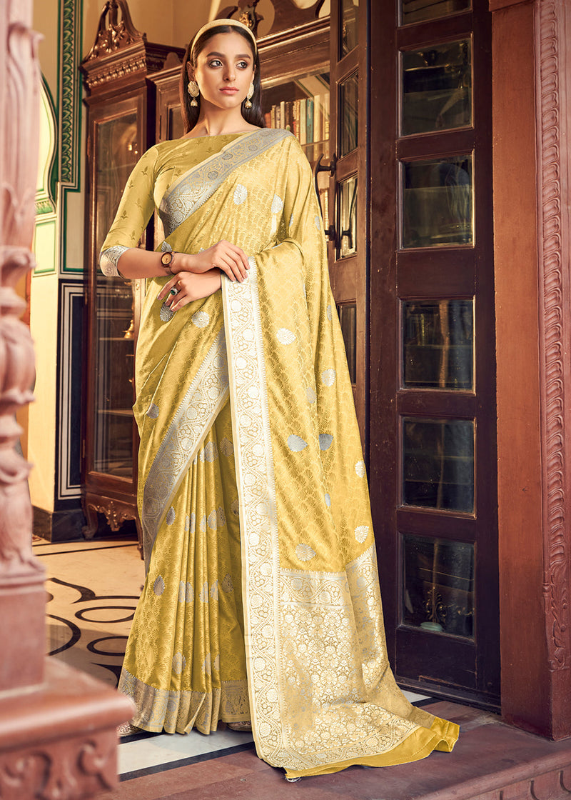 Sunset Pearl Yellow Banarasi Woven Satin Silk Saree