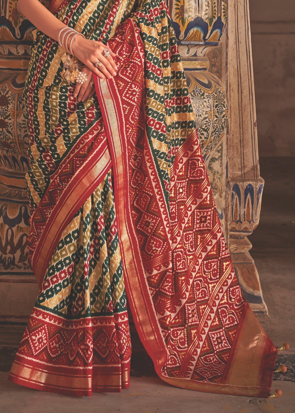 Buy MySilkLove Stiletto Red and Green Patola Silk Saree Online