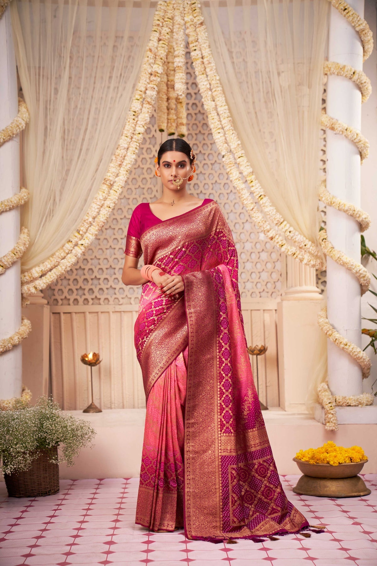 Buy MySilkLove Sasquatch Pink Gold Zari with Bandhej Bandhani Raw Silk Saree Online