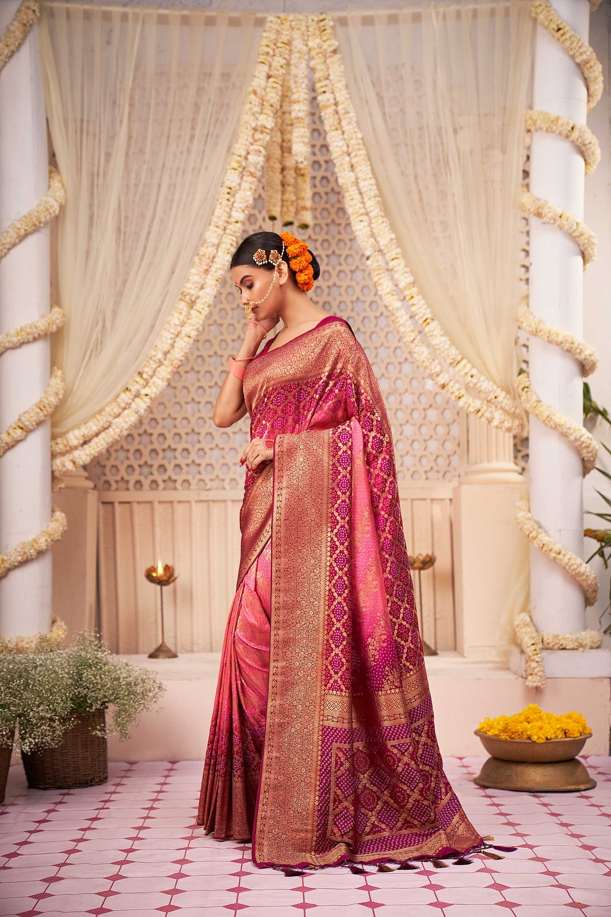 MySilkLove Sasquatch Pink Gold Zari with Bandhej Bandhani Raw Silk Saree