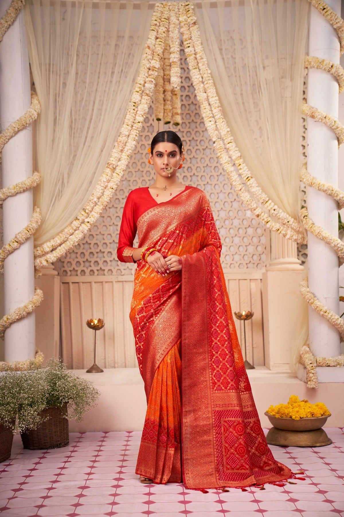 Buy MySilkLove Roof Terracotta Red Gold Zari with Bandhej Bandhani Raw Silk Saree Online