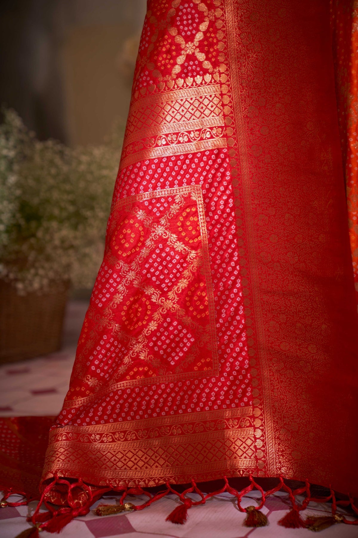 Buy MySilkLove Roof Terracotta Red Gold Zari with Bandhej Bandhani Raw Silk Saree Online