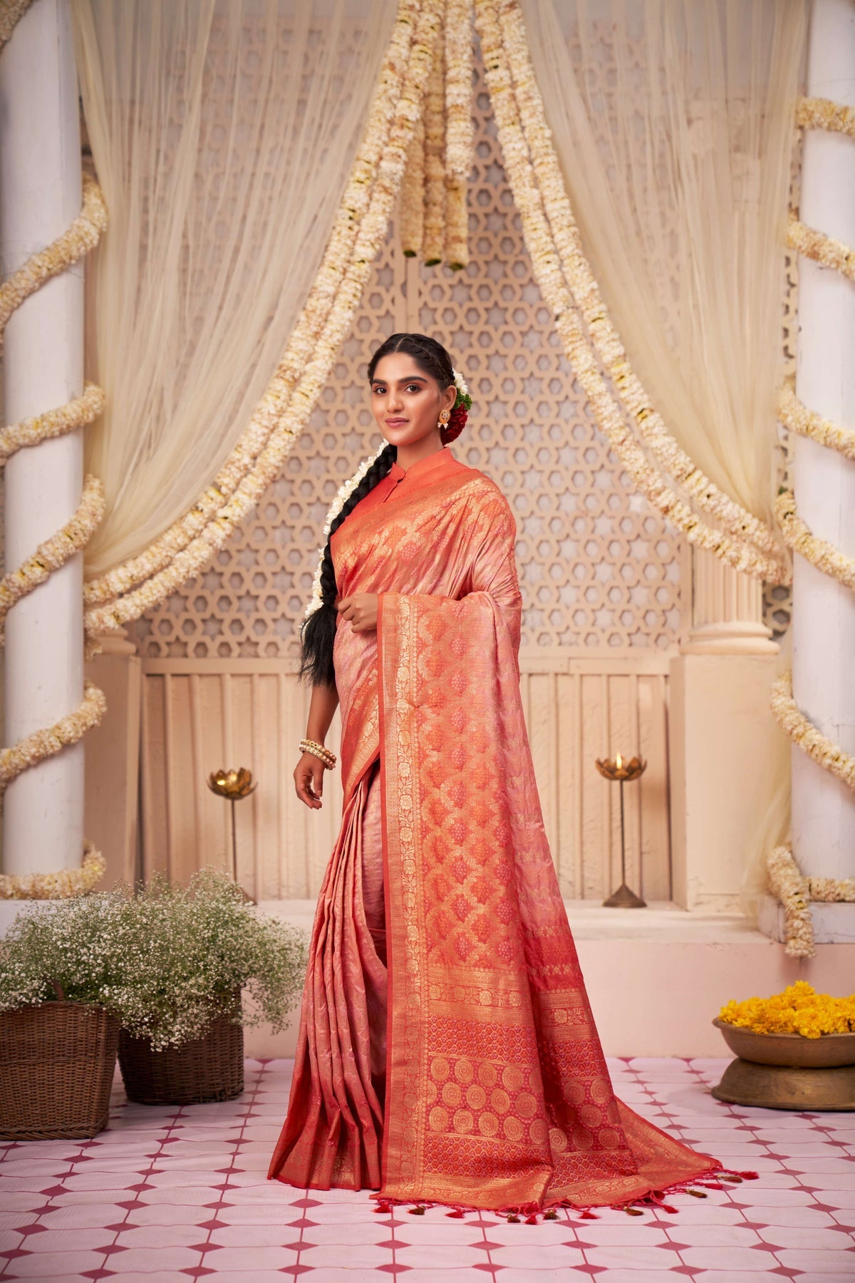 Buy MySilkLove Atomic Tangerine Orange Gold Zari with Bandhej Bandhani Raw Silk Saree Online