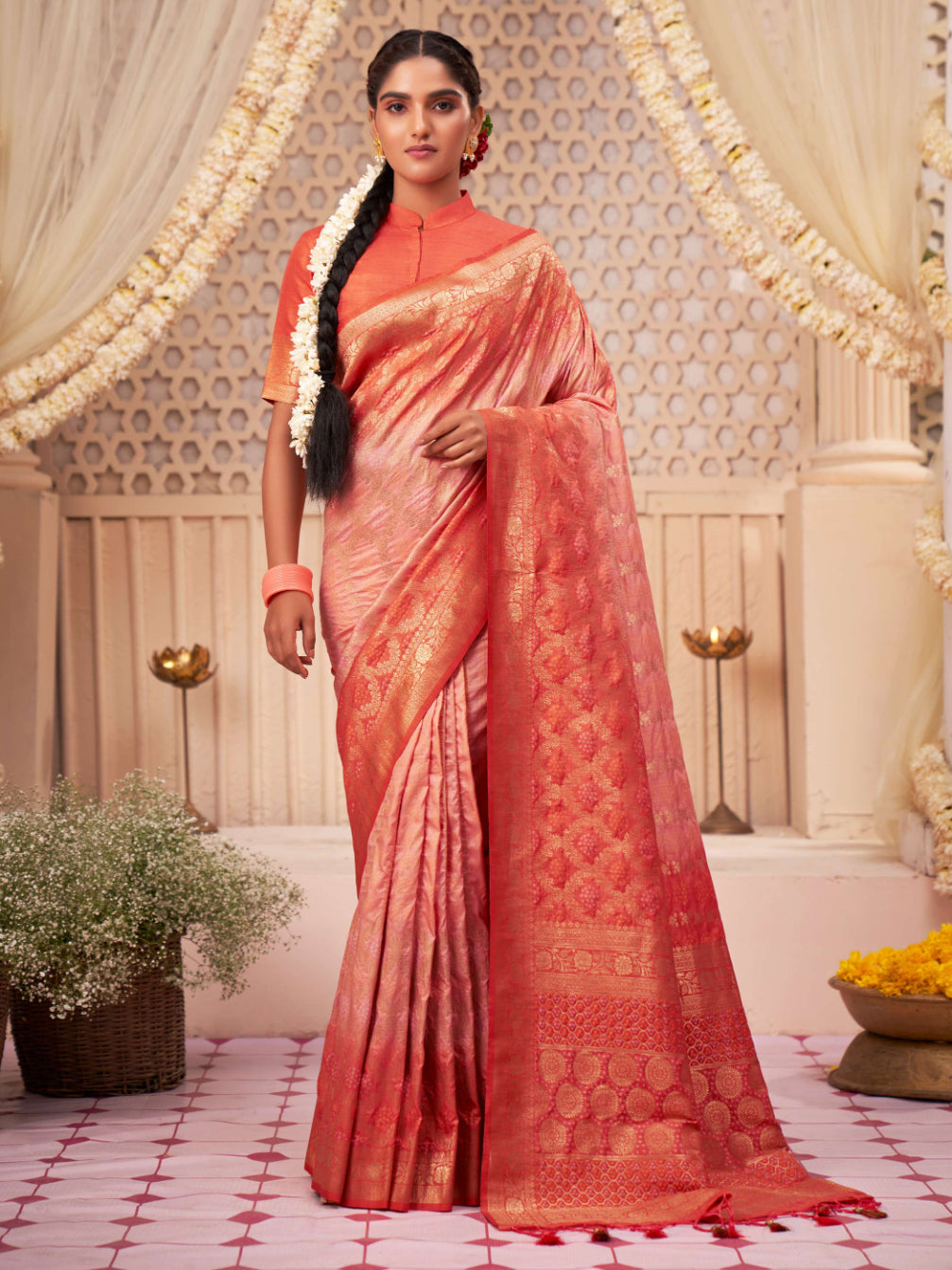 Buy MySilkLove Atomic Tangerine Orange Gold Zari with Bandhej Bandhani Raw Silk Saree Online