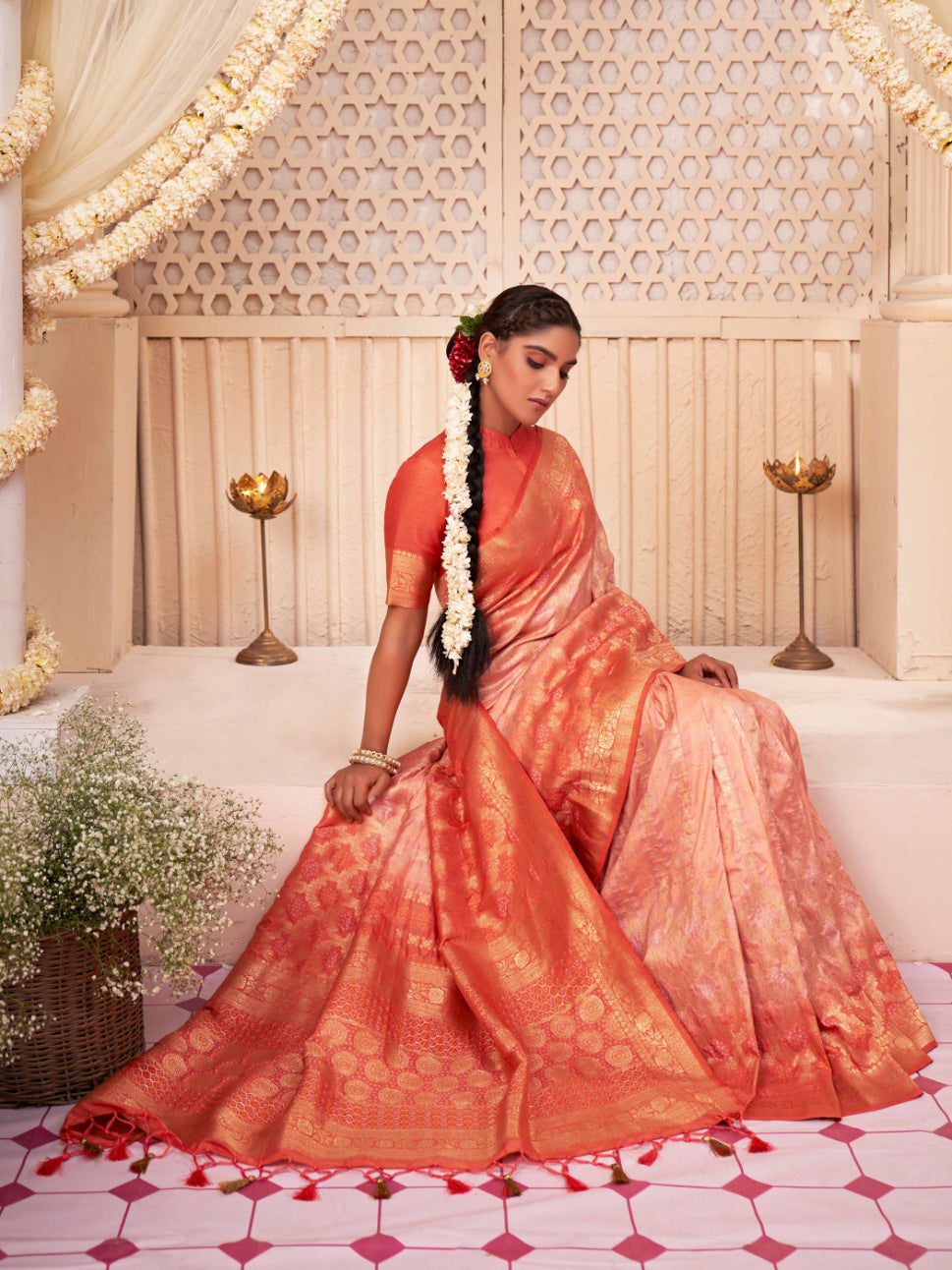 MySilkLove Atomic Tangerine Orange Gold Zari with Bandhej Bandhani Raw Silk Saree