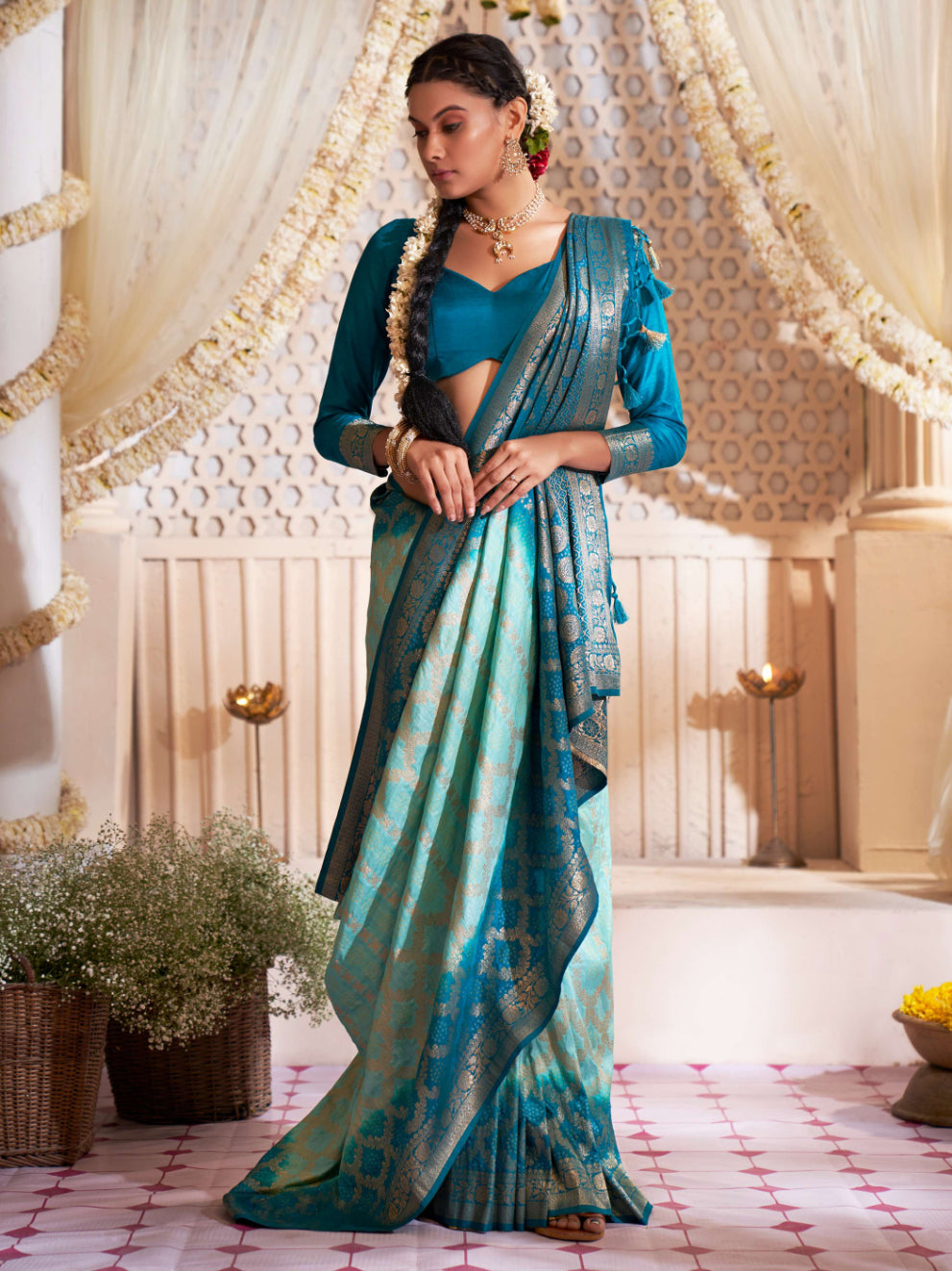 Buy MySilkLove Turquoise Pearl Blue Gold Zari with Bandhej Bandhani Raw Silk Saree Online