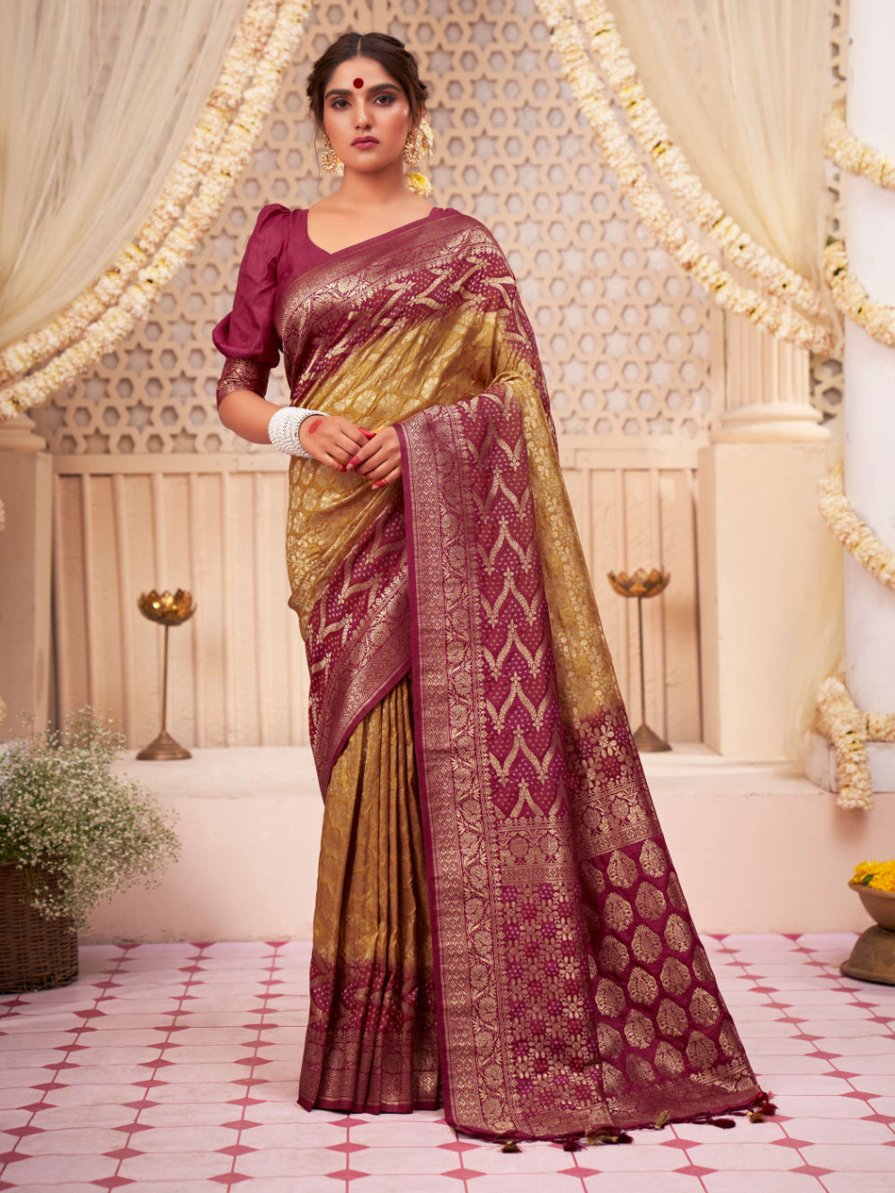 Buy MySilkLove Whiskey Yellow and Maroon Gold Zari with Bandhej Bandhani Raw Silk Saree Online