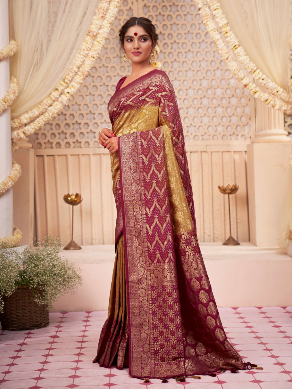 Buy MySilkLove Whiskey Yellow and Maroon Gold Zari with Bandhej Bandhani Raw Silk Saree Online