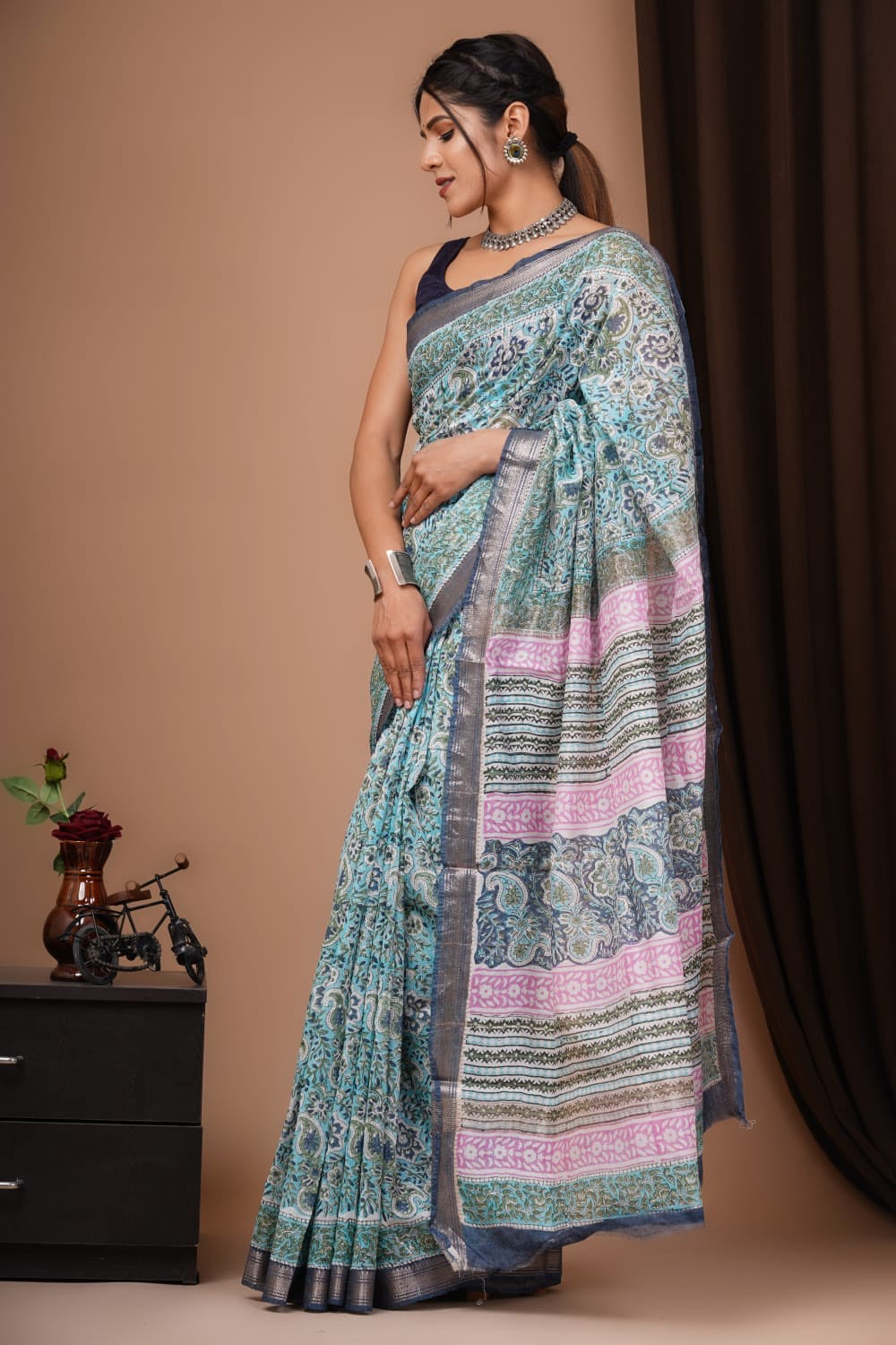 MySilkLove Granny Smith Blue Handblock Kota Doriya Saree