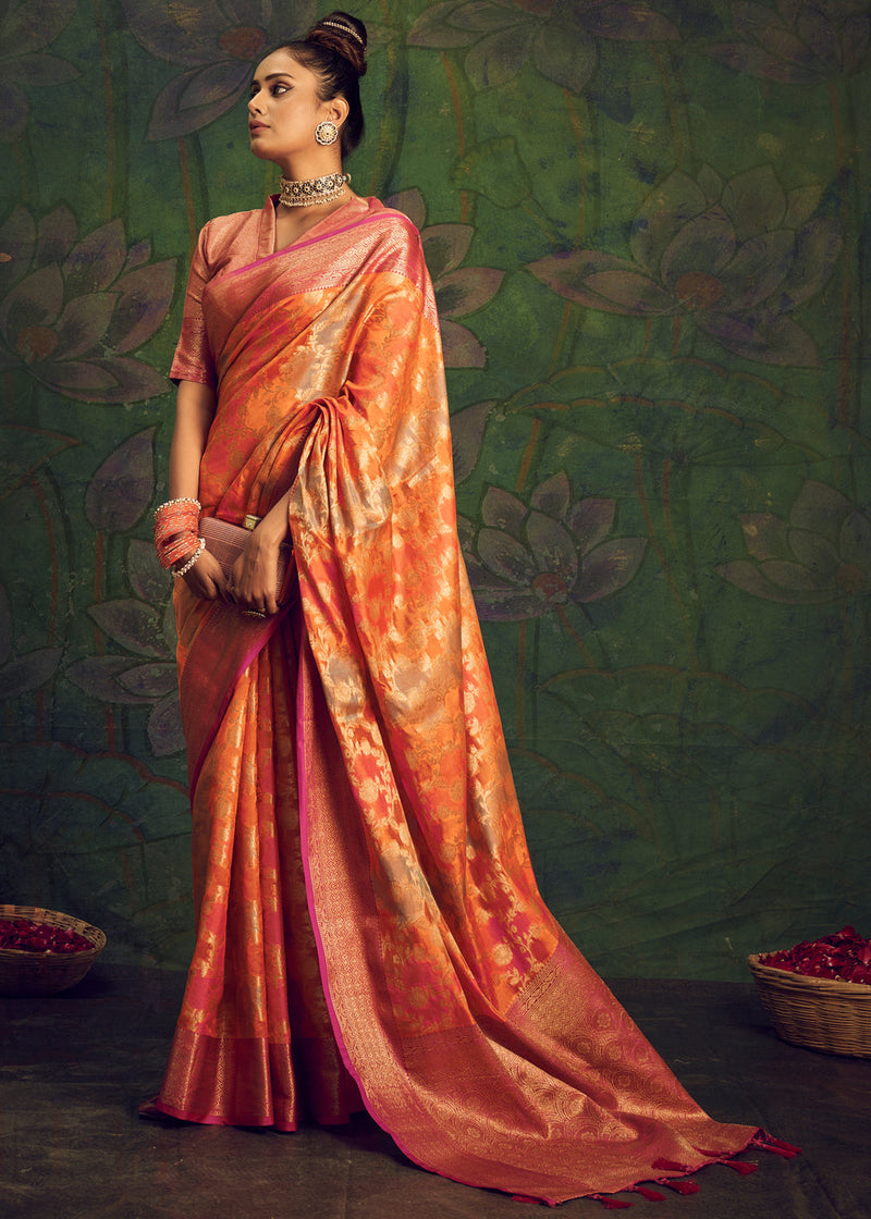 Texas Rose Orange Woven Banarasi Rangkath Silk Saree