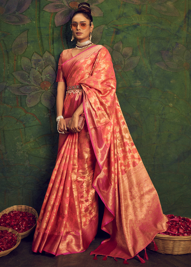 Salmon Peach Woven Banarasi Rangkath Silk Saree