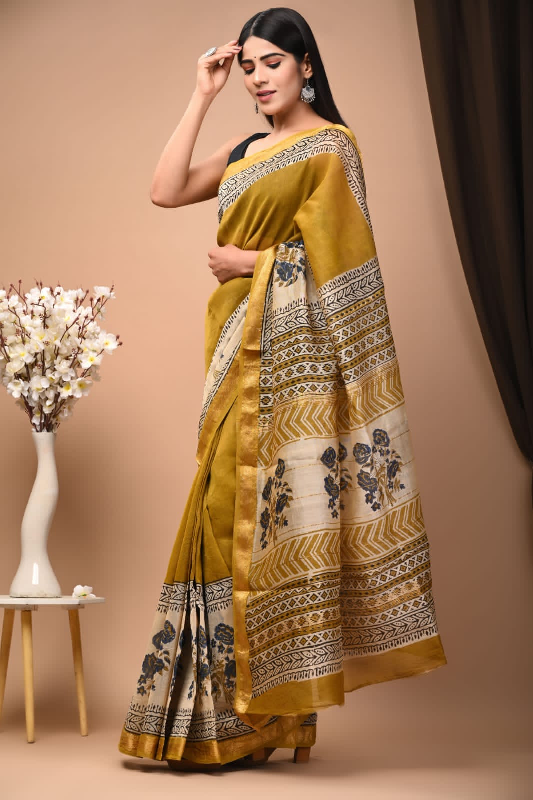 Buy MySilkLove Dandelion Yellow Handblock Kota Doriya Saree Online