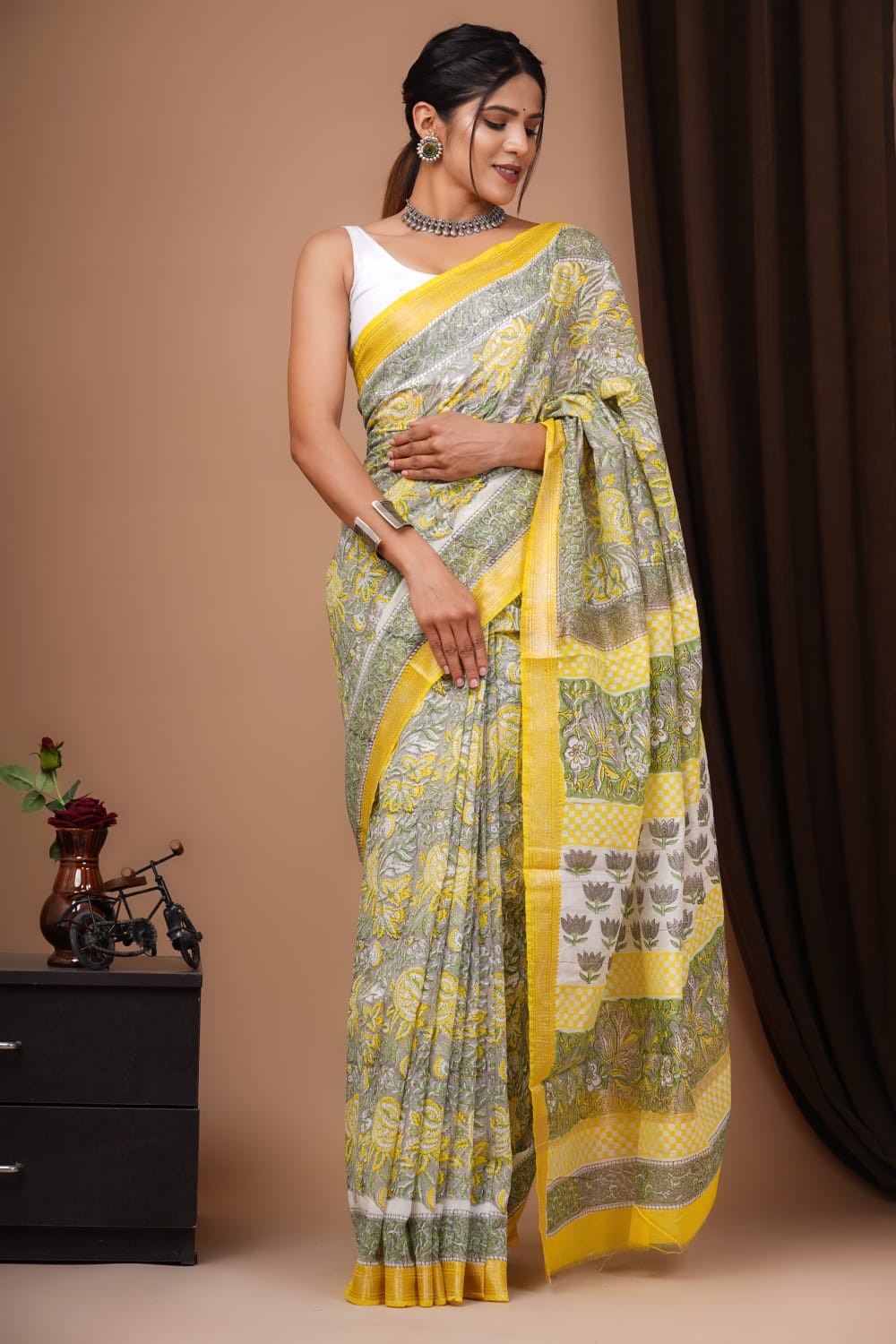 Buy MySilkLove Saffron Yellow Handblock Kota Doriya Saree Online