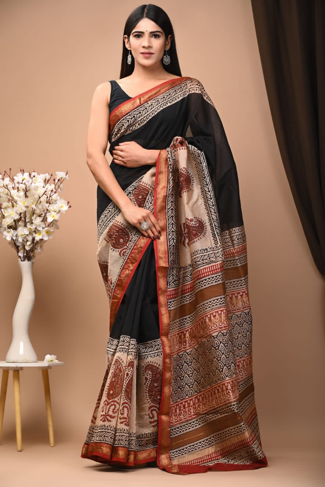 Buy MySilkLove Thunder Black Handblock Kota Doriya Saree Online