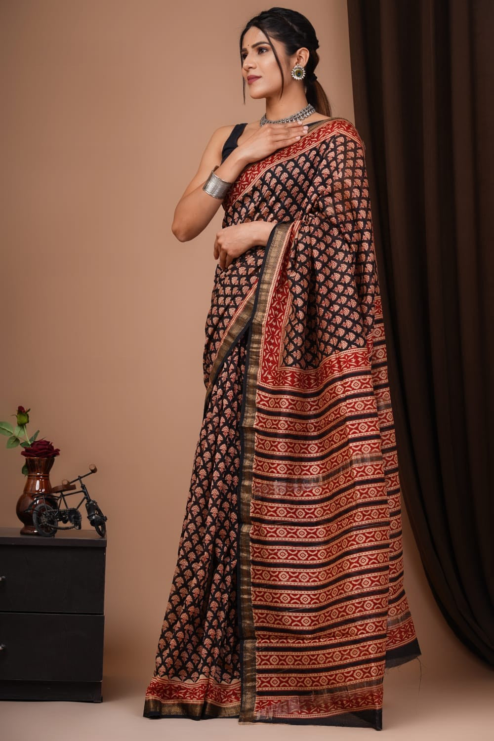 Buy MySilkLove Nutmeg Brown Handblock Kota Doriya Saree Online