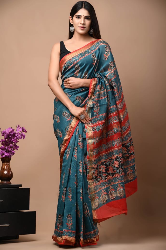 Spectra Blue Handblock Kota Doriya Saree – MySilkLove