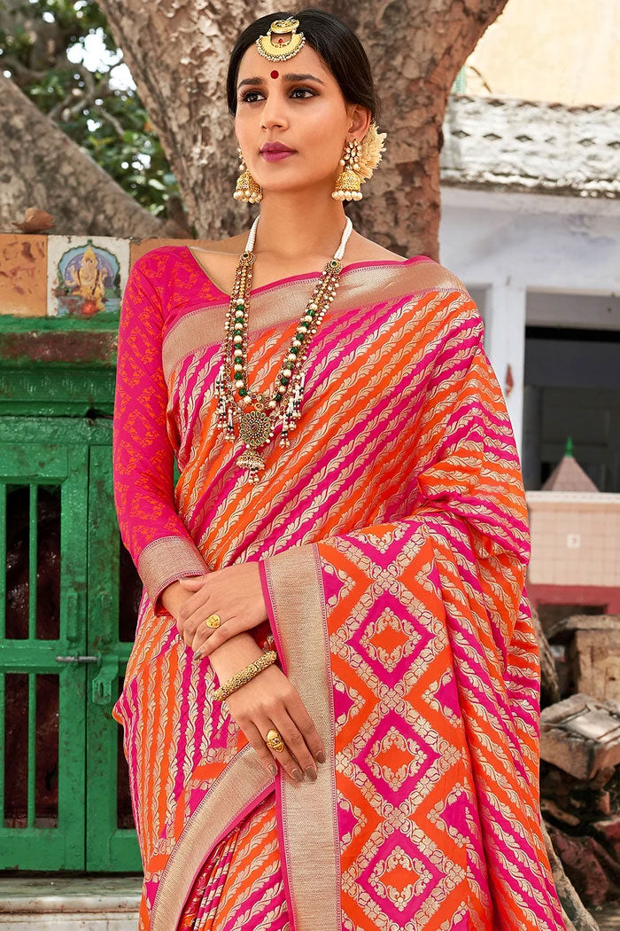 MySilkLove Hot Pink and Orange Handloom Designer Banarasi Saree - MySilkLove
