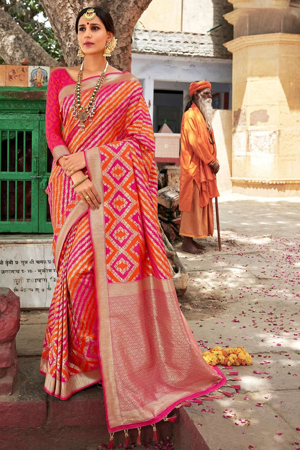 Hot Pink and Orange Handloom Designer Banarasi Saree