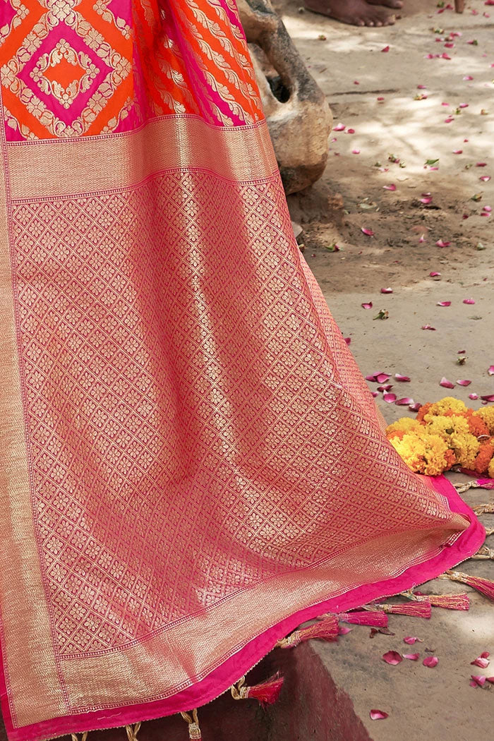Buy MySilkLove Hot Pink and Orange Handloom Designer Banarasi Saree - MySilkLove Online