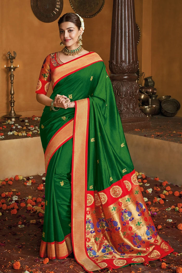 Bridal Green Gold Zari Woven Designer Paithani Saree - MySilkLove