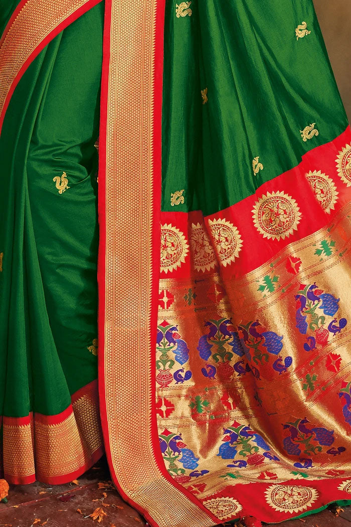 Bridal Green Gold Zari Woven Designer Paithani Saree - MySilkLove