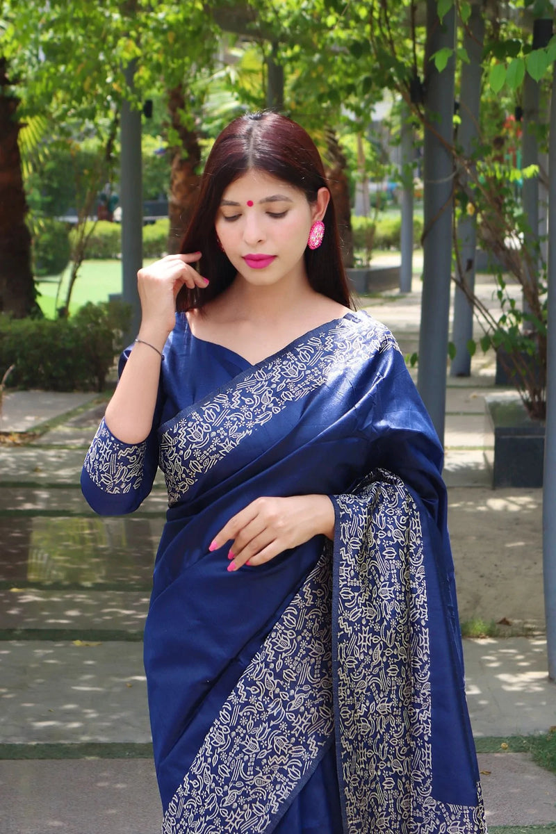 Royal blue plain silk saree with blouse - Elora Fashion - 3715313