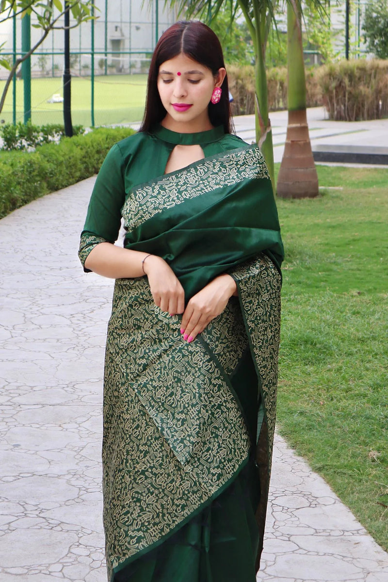 Dark Green Banarasi Raw Silk Saree