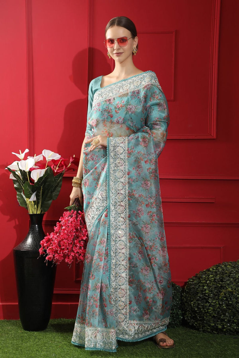 Buy HOUSE OF BEGUM Blue Banarasi Handloom Organza Saree with Blouse Piece |  Shoppers Stop