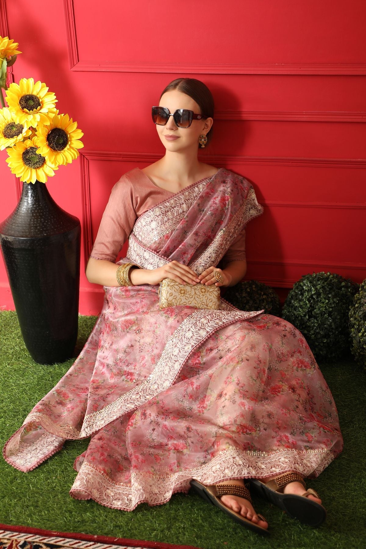 Buy MySilkLove Turkish Rose Pink Woven organza Silk Saree Online