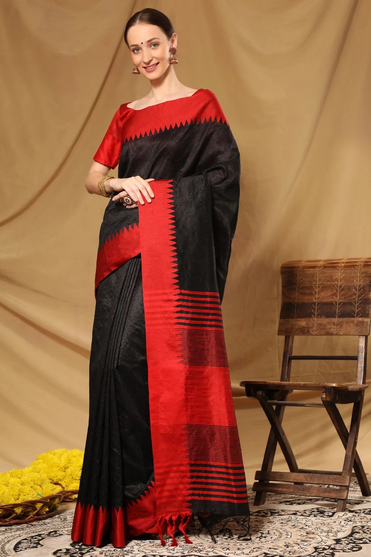 Buy MySilkLove Dune Black and Red Bhagalpuri Raw Silk Saree Online