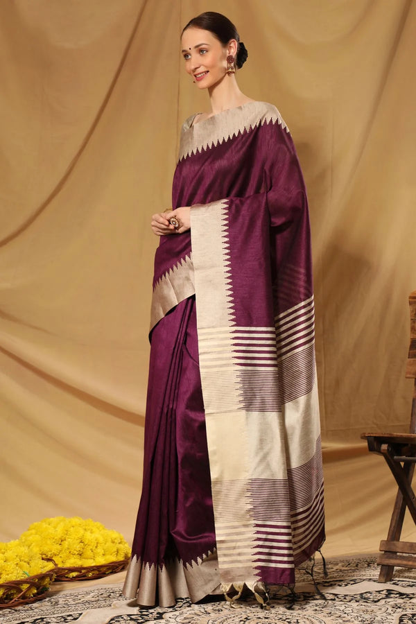 Wine Berry Purple Bhagalpuri Raw Silk Saree