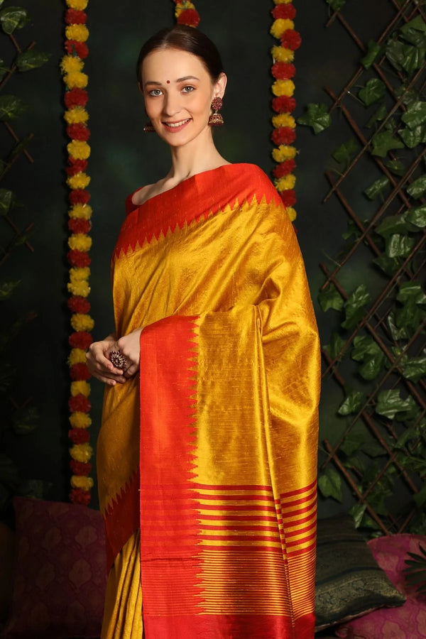 Buttercup Yellow and Red Bhagalpuri Raw Silk Saree
