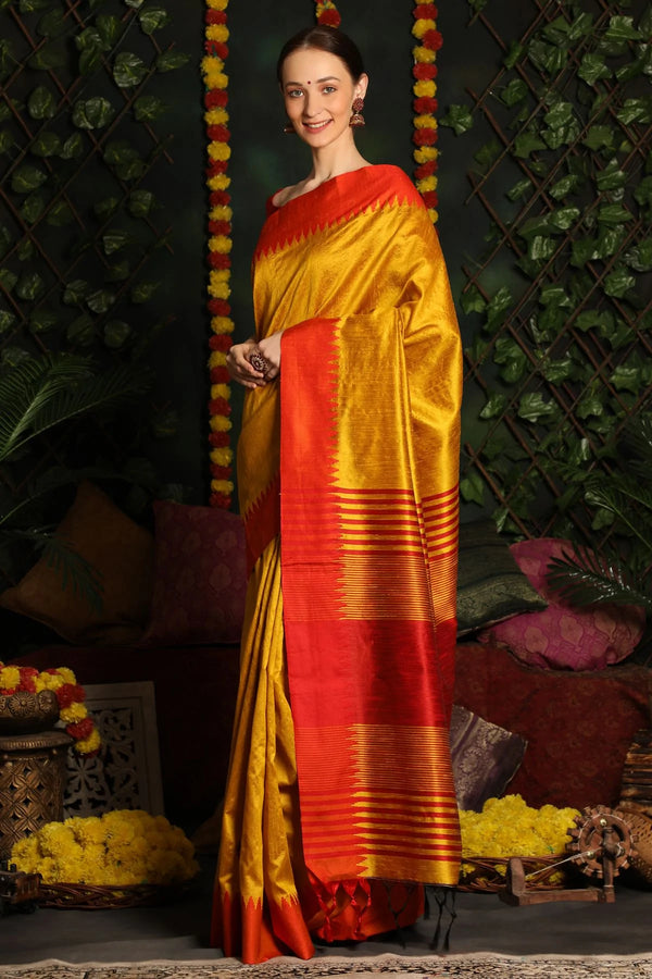 Buttercup Yellow and Red Bhagalpuri Raw Silk Saree