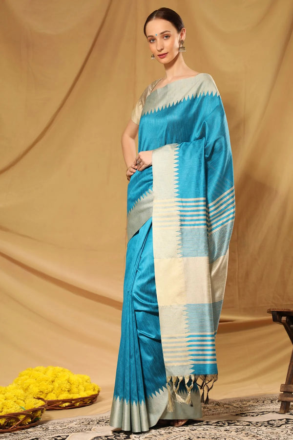 Turquoise Blue Bhagalpuri Raw Silk Saree